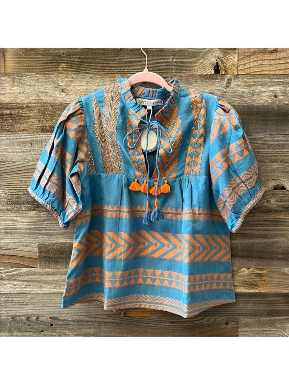 NWT Just Bellina Blue & Orange Tassel Beaded Boho Top Size Small